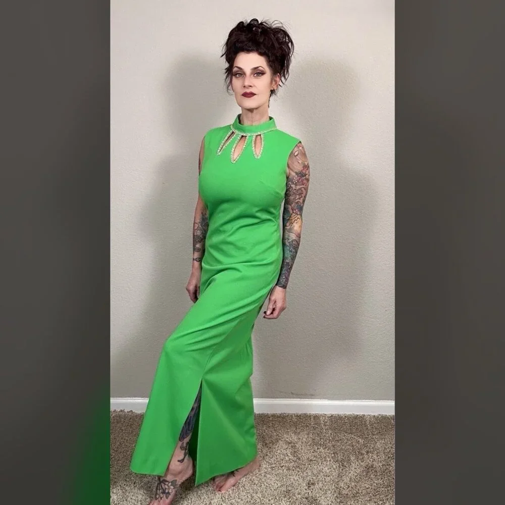 60s Bright Green Maxi Sheath Column Dress Rhinestone MCM Mod Rockabilly Pinup M - Picture 2 of 15